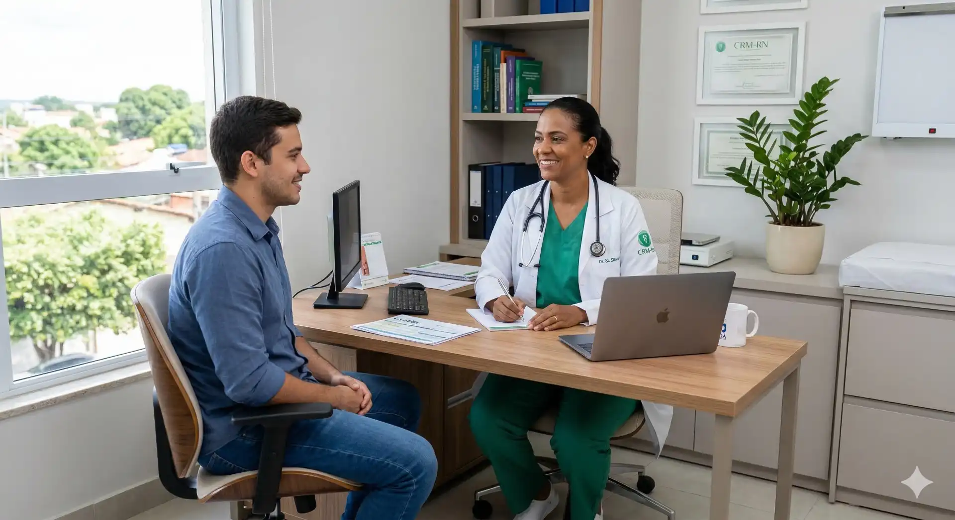 Médica realizando avaliação médica com paciente em consultório, destacando a importância do acompanhamento de saúde e a realização de avaliações médicas regulares.