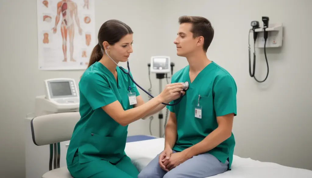 Médica realizando avaliação médica com estetoscópio em paciente em consultório, importante para diagnóstico e saúde.