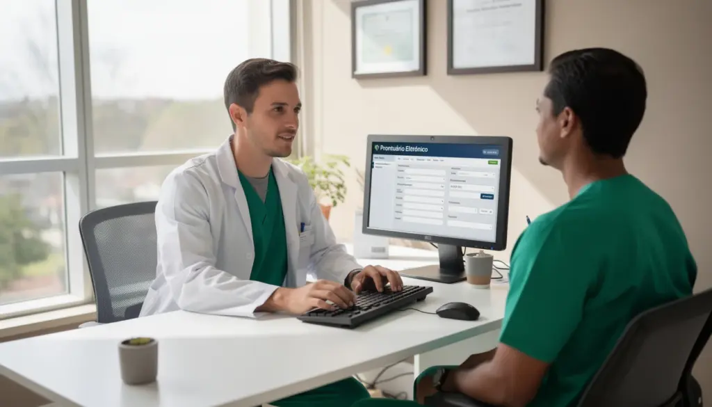 Profissional de saúde realizando avaliação de retardo mental leve (CID F70) com paciente em consultório.