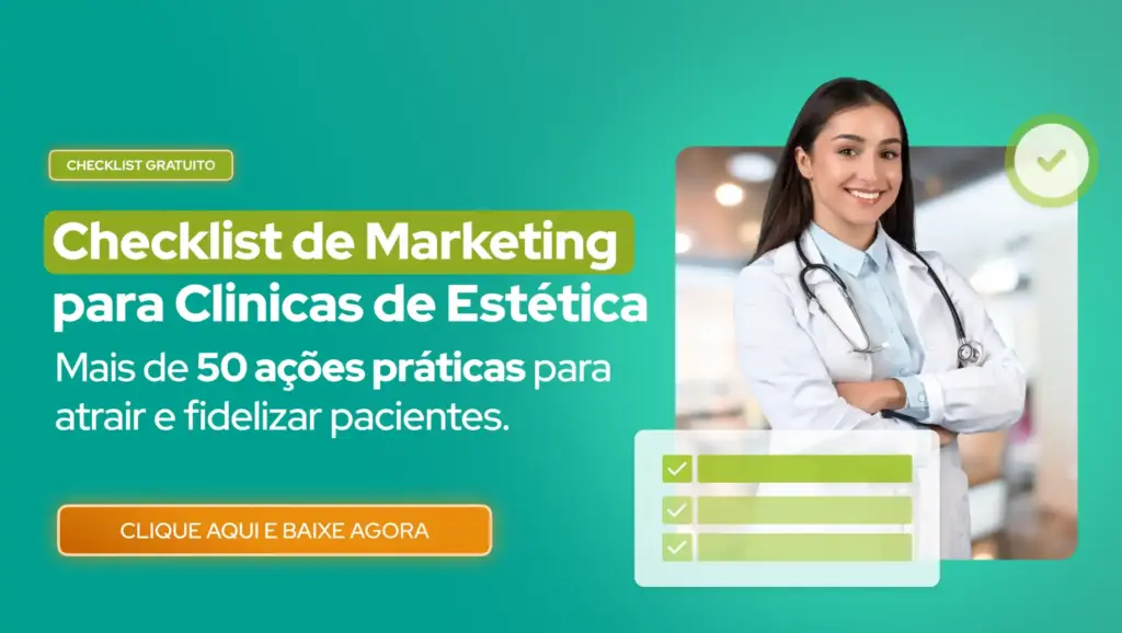 Imagem de uma profissional de estética sorridente com jaleco branco e estetoscópio, promovendo checklist de marketing para clínicas de estética, focada em ações para atrair e fidelizar pacientes.