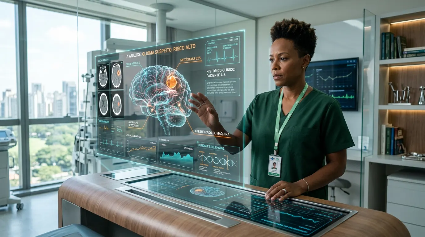 Profissional de saúde em consultório moderno aponta para uma interface holográfica com dados médicos e imagens cerebrais, ilustrando como a inteligência artificial está transformando a medicina.