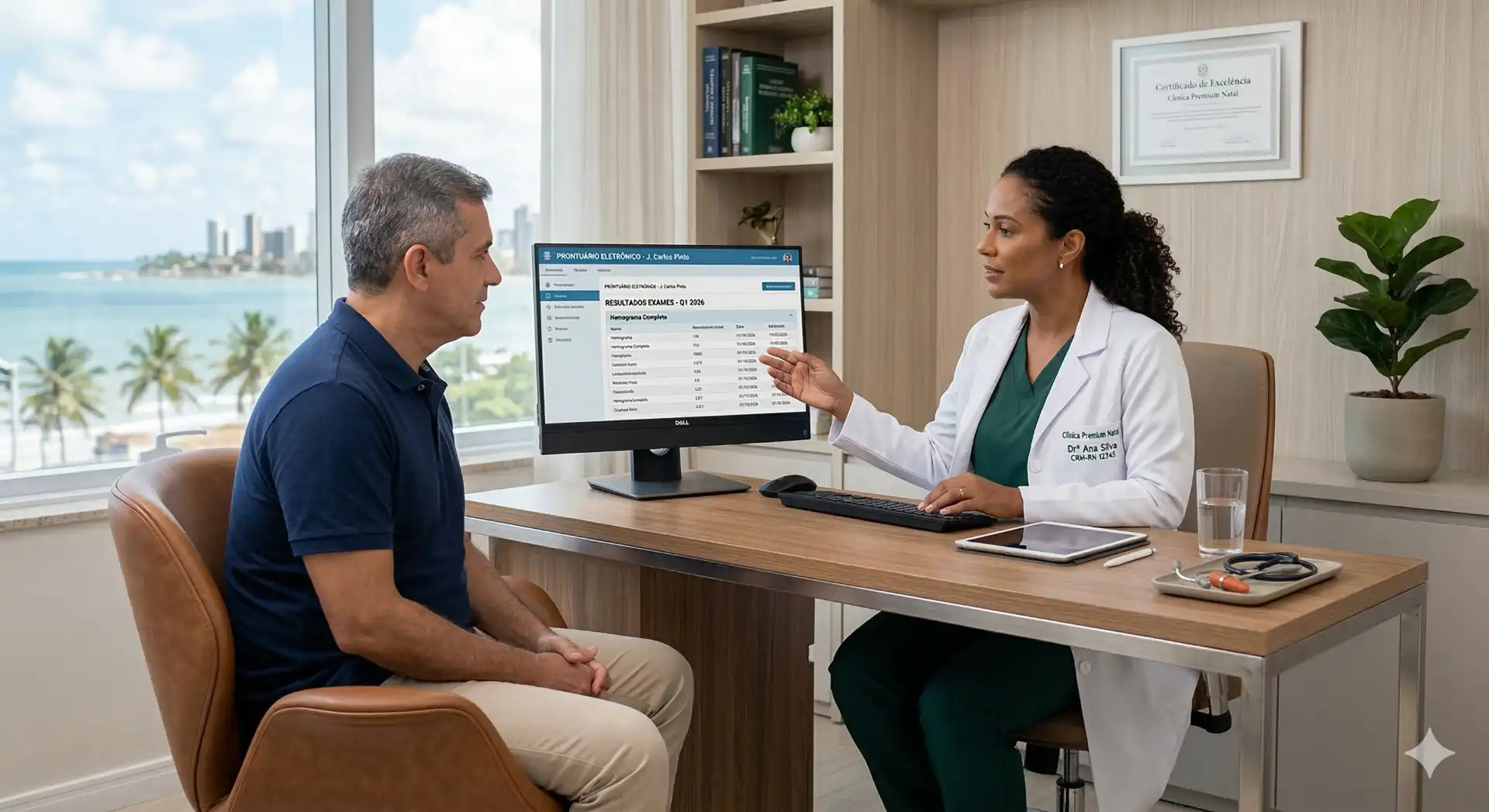 Consulta médica com profissional de saúde explicando sintomas relacionados ao CID F41 - Outros transtornos ansiosos para paciente em escritório moderno com vista para o mar