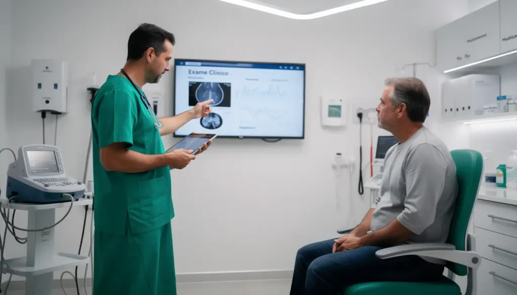 Paciente e médico em consulta médica explicando exame de imagem de joelho, relacionado à CID M17 – Gonartrose (artrose do joelho), em ambiente clínico moderno.