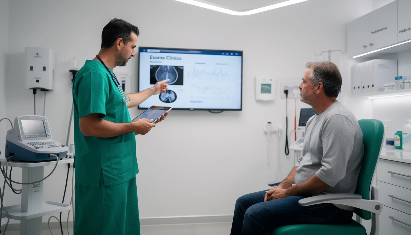 Paciente e médico em consulta médica explicando exame de imagem de joelho, relacionado à CID M17 – Gonartrose (artrose do joelho), em ambiente clínico moderno.