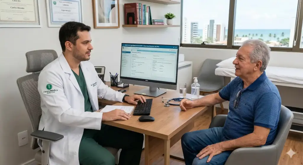 Consulta médica com especialista em transtornos hipercinéticos CID F90, explicando sintomas e tratamento para o paciente em consultório.