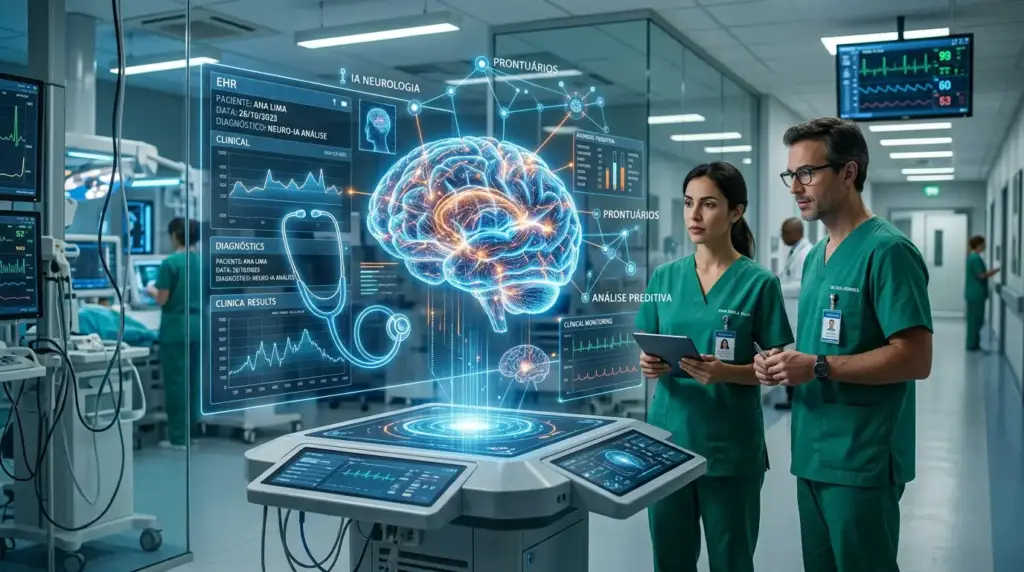 Equipe médica em hospital analisando dados de inteligência artificial com holograma de cérebro e gráficos clínicos em monitores, demonstrando como a inteligência artificial está transformando a medicina.