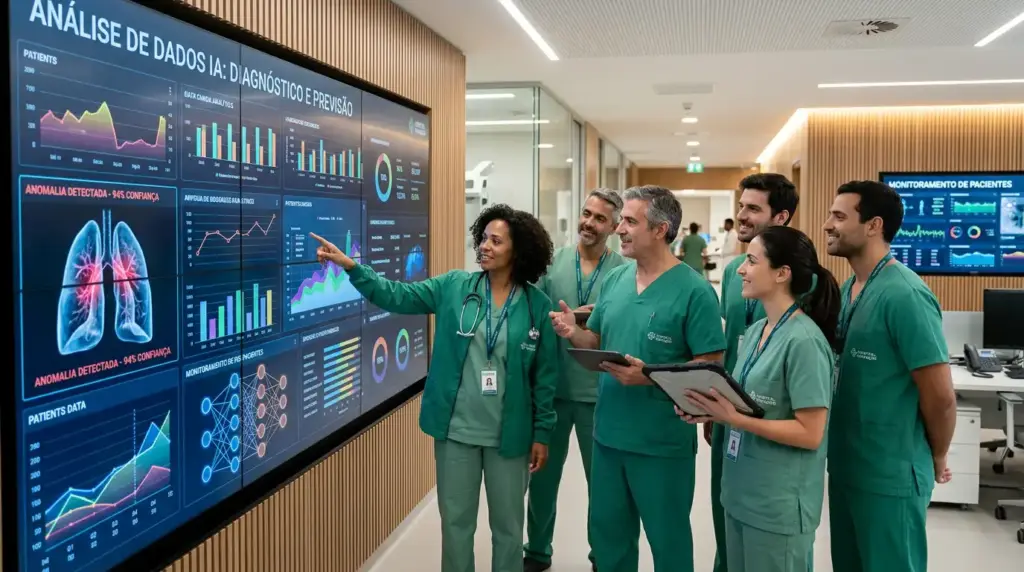 Equipe de profissionais de saúde em sala hospitalar observando um painel grande de análise de dados com gráficos de IA para diagnóstico e monitoramento de pacientes, ilustrando como a inteligência artificial está transformando a medicina.