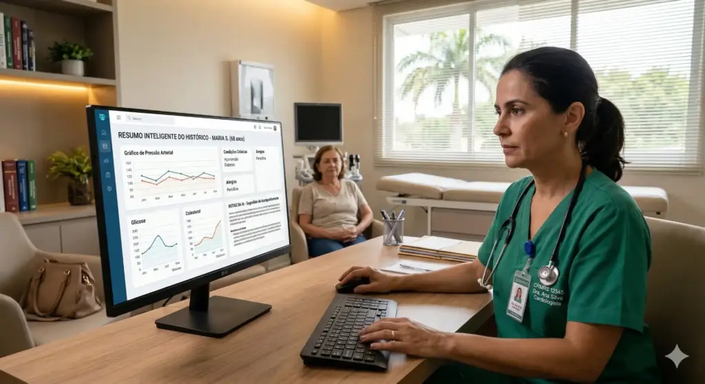 Profissional de saúde utilizando inteligência artificial na rotina médica, monitorando dados em computador em um consultório moderno, promovendo inovação na área da saúde.