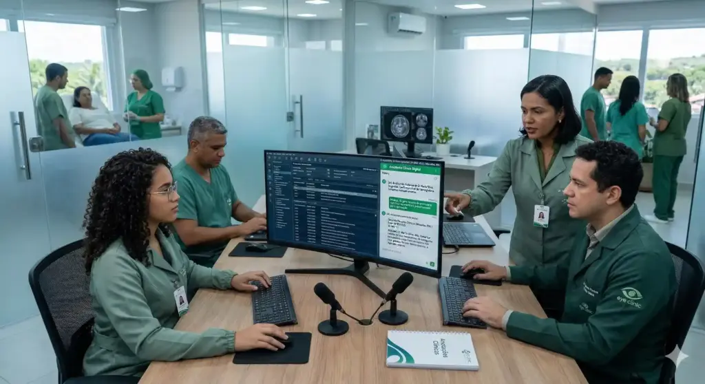 Equipe médica colaborando na rotina com inteligência artificial, analisando dados e avanços tecnológicos na área da saúde, promovendo inovação na medicina.