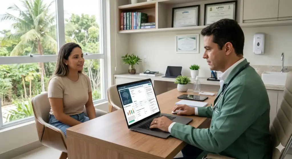 Profissional de saúde e paciente conversando em consultório, com uso de tecnologia de inteligência artificial na rotina médica, em ambiente moderno com livros e certificados na parede.