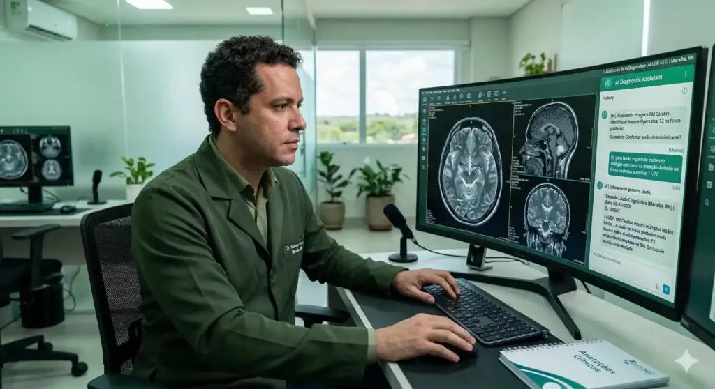 Profissional de saúde utilizando inteligência artificial na rotina médica, analisando imagens de exames cerebrais no ambiente hospitalar moderno.