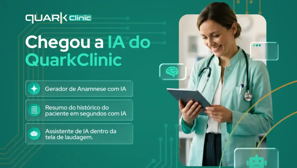 Imagem de uma médica com estetoscópio usando um tablet, representando a integração da inteligência artificial na rotina médica na QuarkClinic.