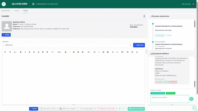 Imagem de prontuário ou ficha clínica contendo informações de paciente, com detalhes de exames e histórico médico, em sistema digital de saúde.