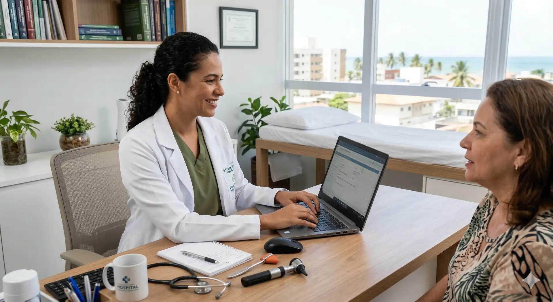 Médica realizando consulta com paciente em consultório, discutindo sintomas de CID M79 relacionados a outros transtornos dos tecidos moles não classificados em outra parte, em ambiente clínico bem iluminado.