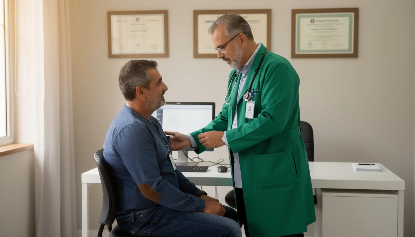 Médico atendendo paciente em consultório, ícones e certificados na parede ao fundo, simbolizando autorização do CFM para agendas separadas para pacientes particulares e de planos de saúde.