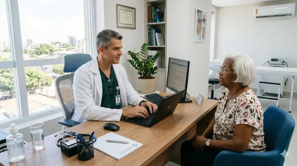 Profissional de saúde atendendo uma paciente idosa em consultório moderno, destacando melhorias de janeiro na gestão da saúde com agilidade e controle.