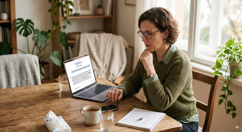 Mulher usando computador para pesquisar sintomas e doenças online, destacando o uso da IA na saúde, com cenário doméstico e plantas ao fundo.