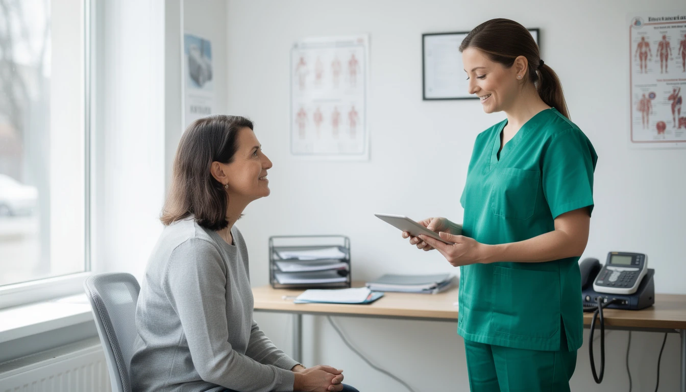 Paciente atendida por médica em consulta médica, simbolizando diagnóstico de queixa de dispepsia relacionada ao CID K30.