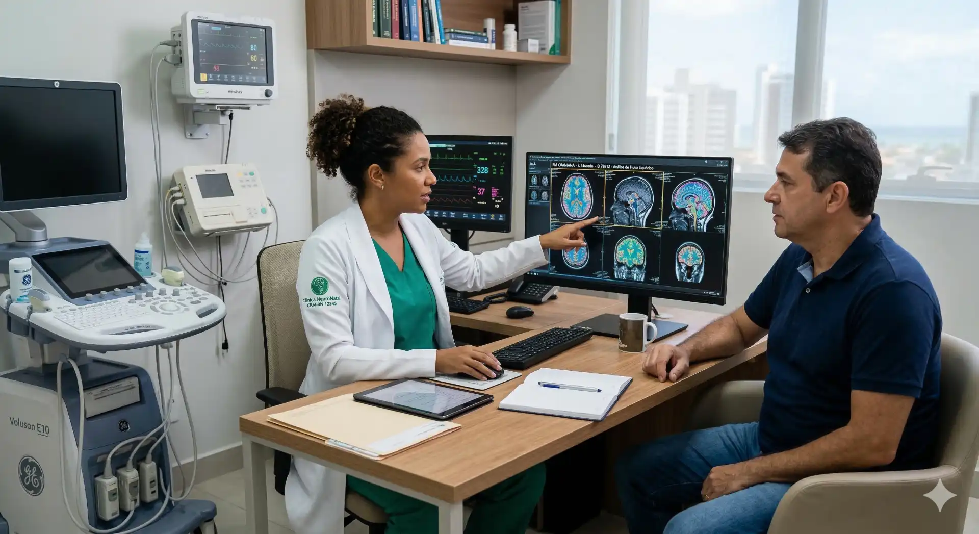 Profissional de saúde explica resultados de exames de ressonância cerebral para um paciente, relacionado às causas de CID R42 - Tontura e Instabilidade.