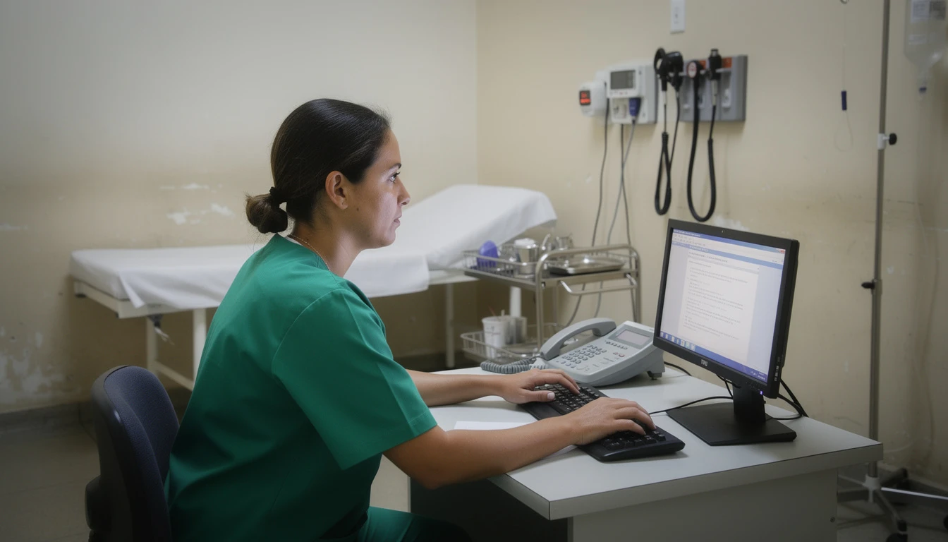 Profissional de saúde realizando consulta ou análise em um computador em uma clínica, relacionado ao CID M65 – Sinovite e tenossinovite.