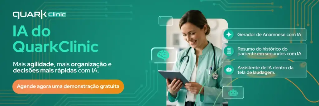 Imagem promocional do QuarkClinic destacando inteligência artificial na saúde, com uma médica sorridente usando tablet, e textos sobre IA do QuarkClinic.