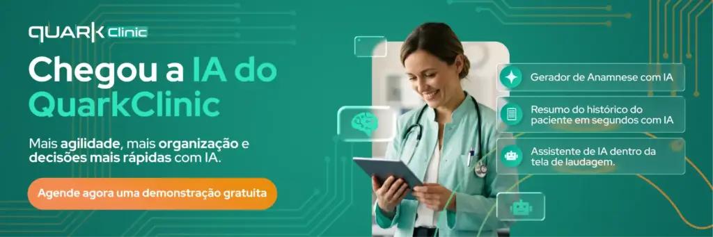 Profissional de saúde utilizando tablet, promovendo a inovação na assistência médica com IA na QuarkClinic, que traz gerador de anamnese, resumo histórico e assistente de IA.