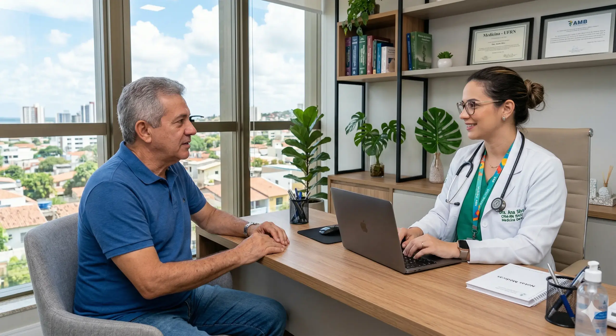 Médica atendendo paciente em consultório moderno no Brasil, utilizando notebook para registrar informações no prontuário eletrônico durante a consulta sobre CID M23 – transtornos internos dos joelhos, ambiente bem iluminado com luz natural, decoração com plantas, estante com livros e certificados ao fundo, vista urbana e clima profissional e acolhedor