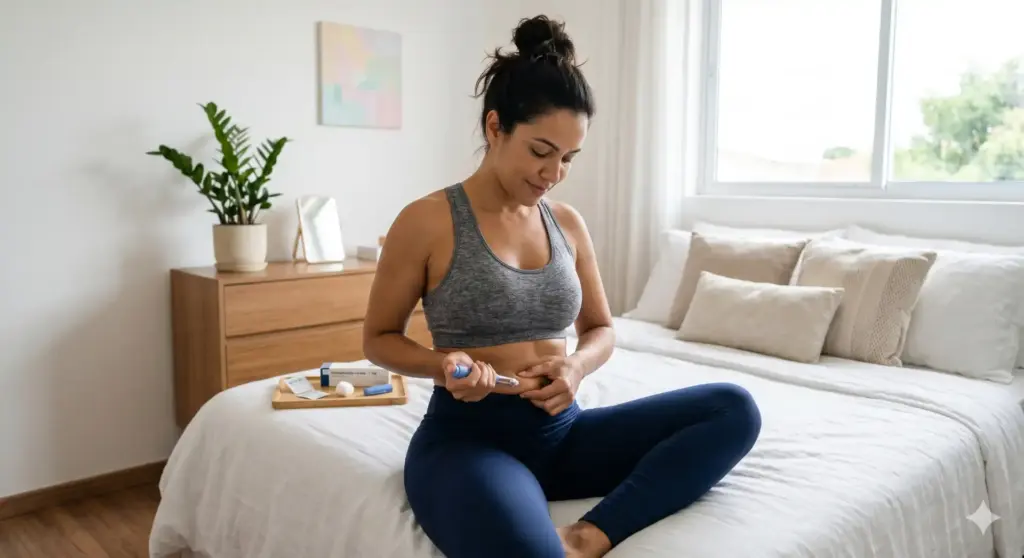 Mulher usando uma caneta emagrecedora em um ambiente doméstico, promovendo o uso seguro aprovado pela Anvisa e conselhos federais, em um contexto de bem-estar.