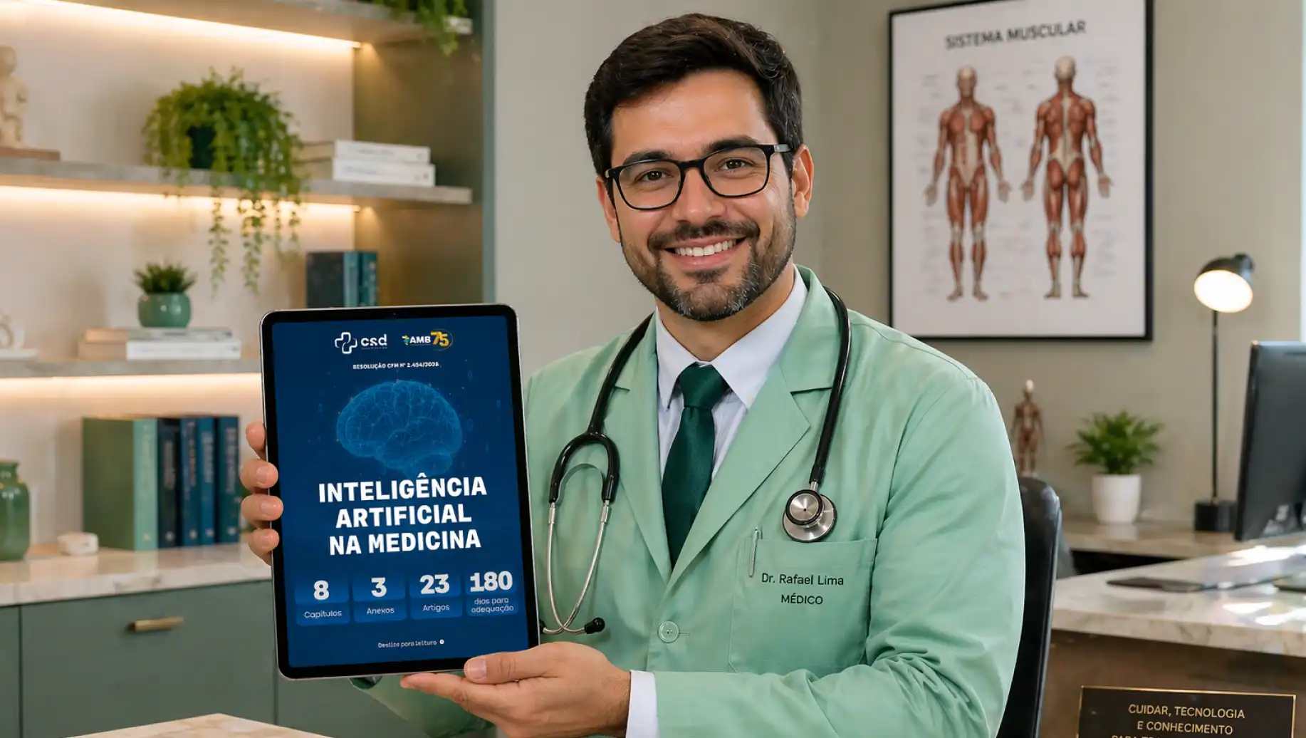 Médico segurando tablet com cartilha sobre uso de IA na saúde, promovida pela Associação Médica Brasileira, em consultório com decoração moderna.