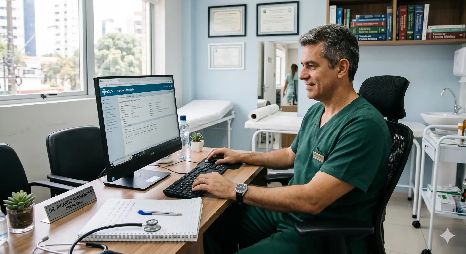 Médico realizando exame ginecológico de rotina em consulta médica, com ambiente de clínica moderna ao fundo, incluindo computador, livros e certificado na parede.