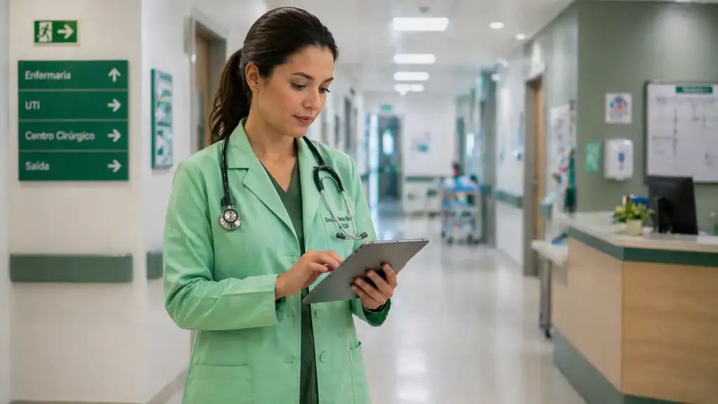 Médica no hospital utilizando tablet, representando o tema CID J02 - Faringite aguda, uma condição de inflamação da garganta, com ambiente clínico no fundo.