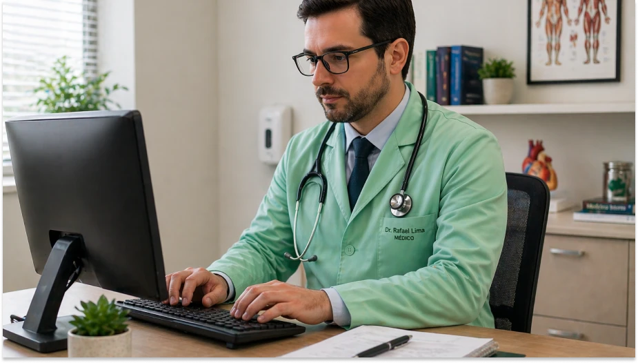 Médico em consultório analisando informações no computador sobre CID J30, relacionado à rinite alérgica e rinites vasomotoras, com ambiente clínico bem equipado.