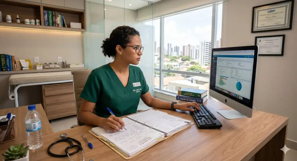 Profissional de saúde analisando dados no computador para diagnóstico do CID F41.0, transtorno do pânico, em ambiente clínico moderno e bem iluminado.