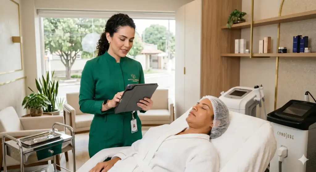 Profissional de saúde verificando sistema de gestão para clínicas de estética em ambiente de clínica beauty, destacando funcionalidades essenciais para gerenciamento eficiente.