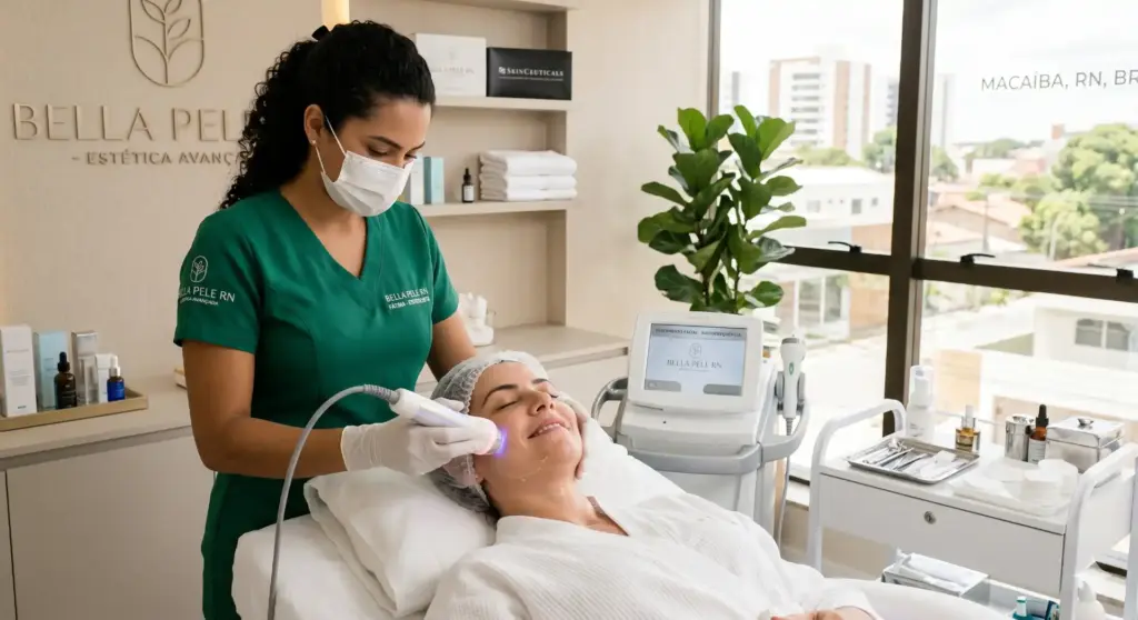 Profissional de estética utilizando sistema de gestão para clínicas de estética, com tecnologia avançada para tratamentos de beleza e bem-estar, em ambiente moderno.