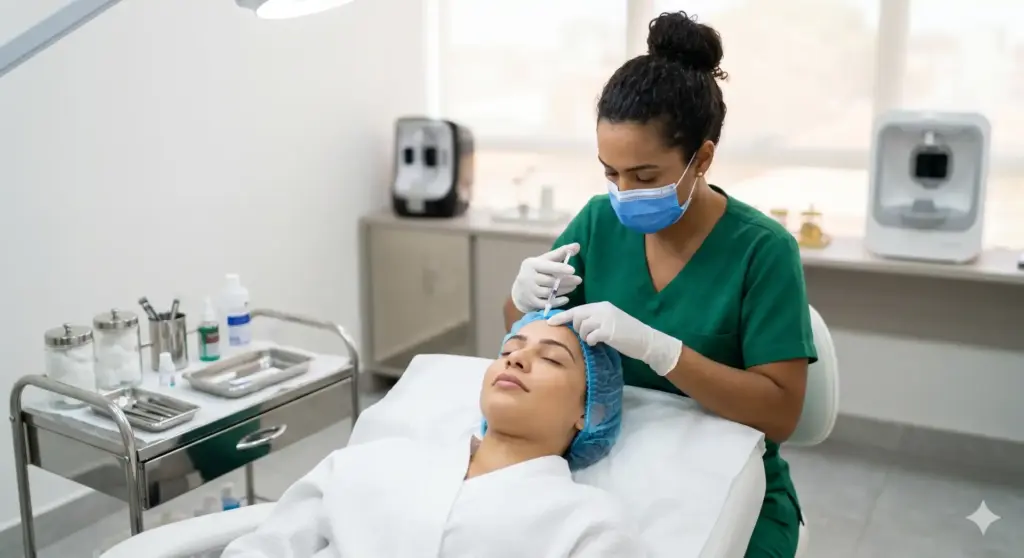 Profissional de estética realizando procedimento em paciente em clínica de estética moderna, destacando funcionalidades essenciais de um sistema de gestão para clínicas.