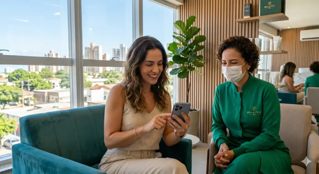 Clínica de estética com profissional usando sistema de gestão para clínicas de estética para agendar tratamentos e melhorar o atendimento ao cliente.