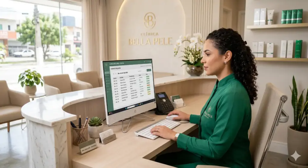 Profissional utilizando sistema de gestão para clínicas de estética com funcionalidades essenciais, no ambiente moderno da clínica Bela Pele.