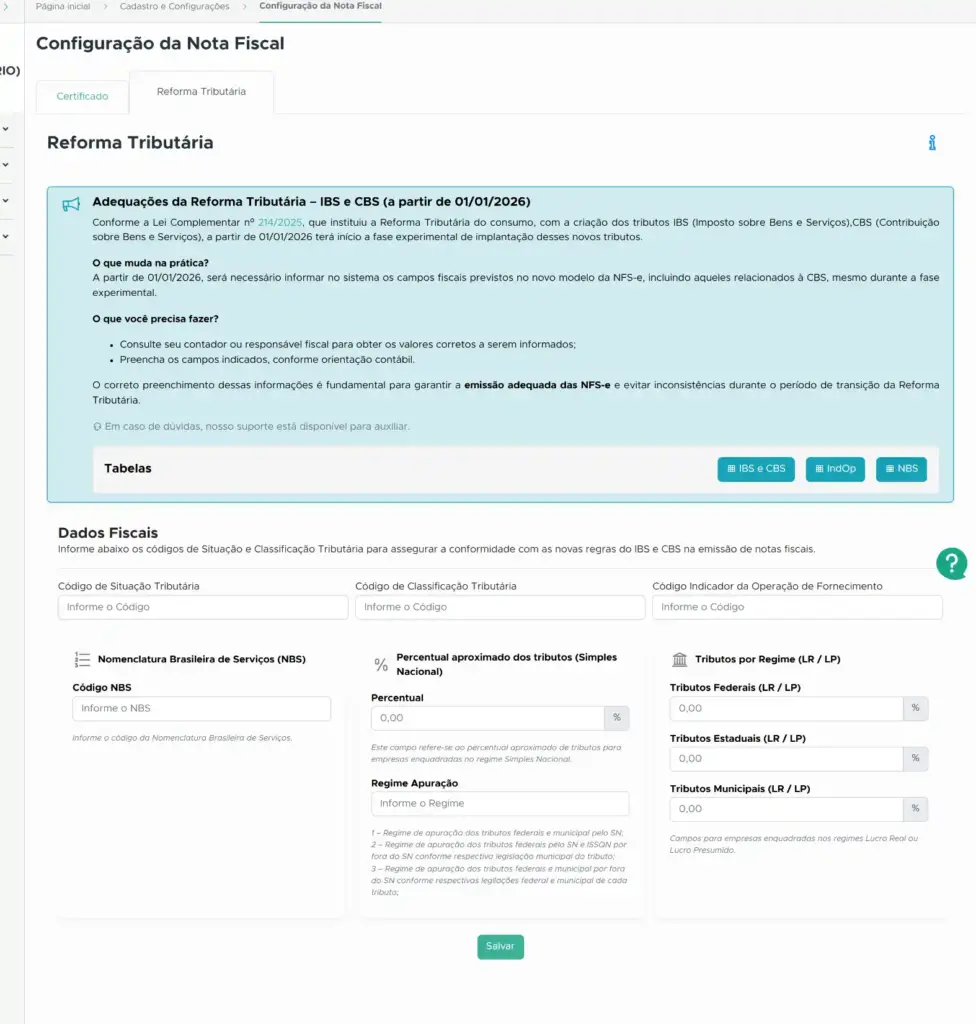 Tela do sistema com a página “Configuração da Nota Fiscal” destacando a seção “Reforma Tributária”, incluindo campos de adequações do IBS e CBS a partir de 01/01/2026 e dados fiscais para emissão de NFS-e.