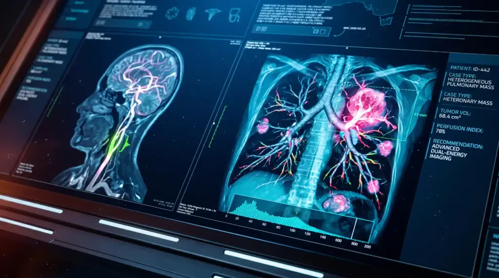 Imagens de exames médicos de pulmões e cérebro exibidos em uma tela de computador, com detalhes de diagnósticos de câncer de pulmão e visualizações de radiografia.