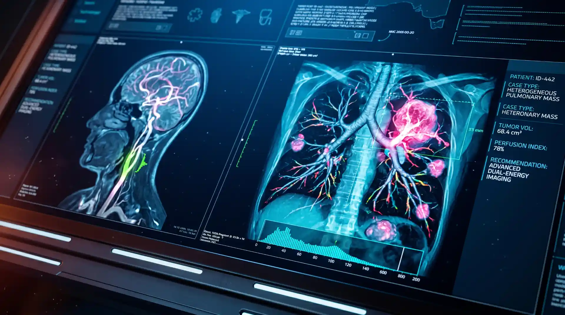 Imagens de exames médicos de pulmões e cérebro exibidos em uma tela de computador, com detalhes de diagnósticos de câncer de pulmão e visualizações de radiografia.