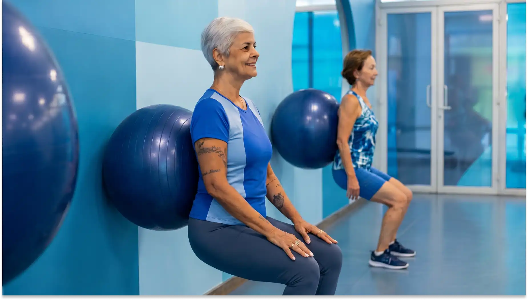 Duas mulheres mais velhas fazendo exercícios com bolas de ginástica em uma academia moderna, focando-se em melhorar a força e a mobilidade na terceira idade.