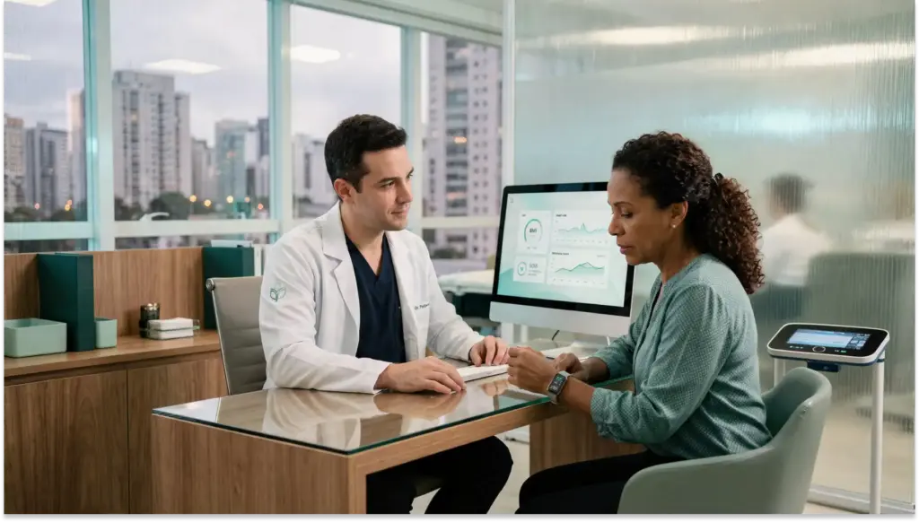 Médico e paciente em consultório moderno discutem resultados de exames e obesidade de gráficos em uma tela, sentados à mesa de atendimento ao lado de um tablet.