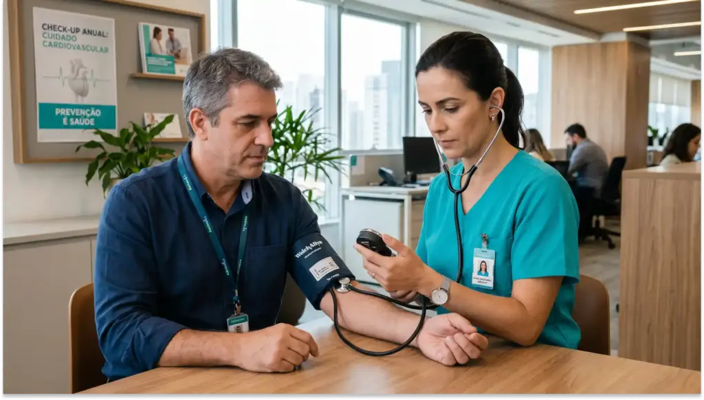 Médico e enfermeira em consultório com sala de atendimento, medindo pressão arterial com aparelho e conferindo dados e limite em ambiente clínico.
