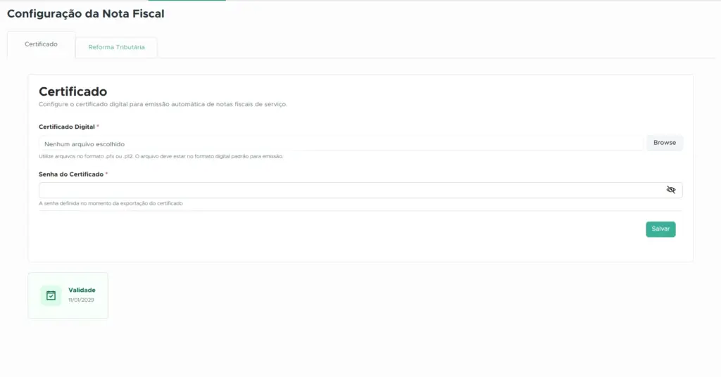 Tela de configuração da Nota Fiscal com a aba “Certificado” selecionada, campo para envio de certificado digital e botão “Salvar”, incluindo informações de validade do certificado para melhorias de março com mais segurança fiscal e controle gerencial.