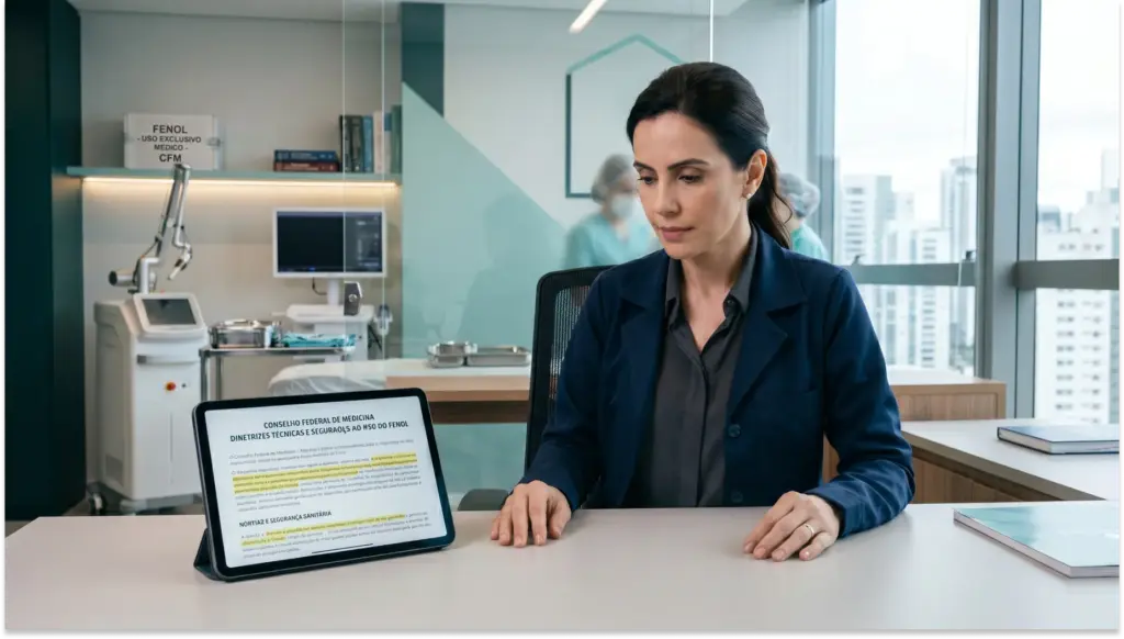 Profissional de saúde em escritório moderno, analisando informações sobre o fenol em um tablet com documento sobre medicina e assinatura, com ambiente clínico ao fundo e vista para a cidade.