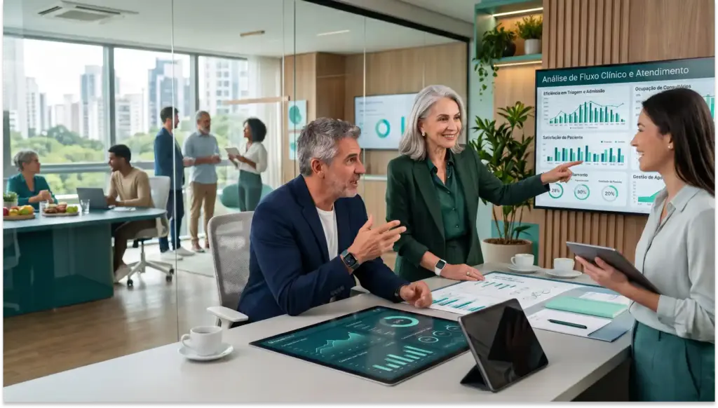 Equipe em reunião de trabalho em escritório moderno, com gráficos e painel de apresentação sobre fluxo clínico e atendimento, enquanto profissionais 50+ conversam e analisam dados em tablets e laptop.