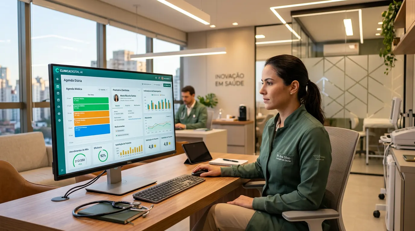 7 novas melhorias do QuarkClinic para gestão da sua clínica: profissional de saúde usando computador com painel de sistema e gráficos em ambiente de clínica moderna e organizado.
