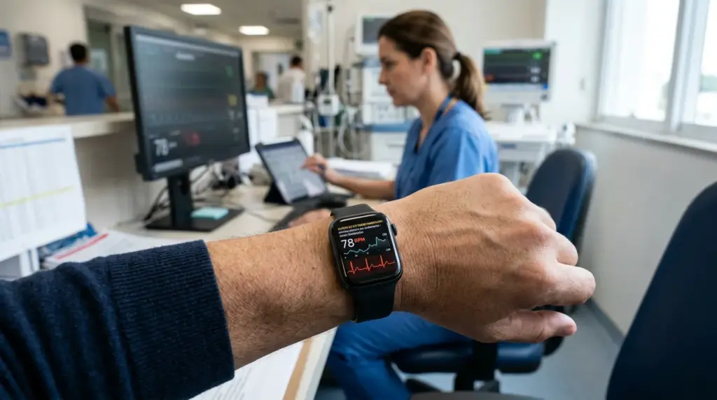 Ansiedade: smartwatch com IA no pulso exibindo dados de frequência cardíaca em tempo real, enquanto uma pessoa trabalha em um escritório, ao fundo com monitores e profissionais.