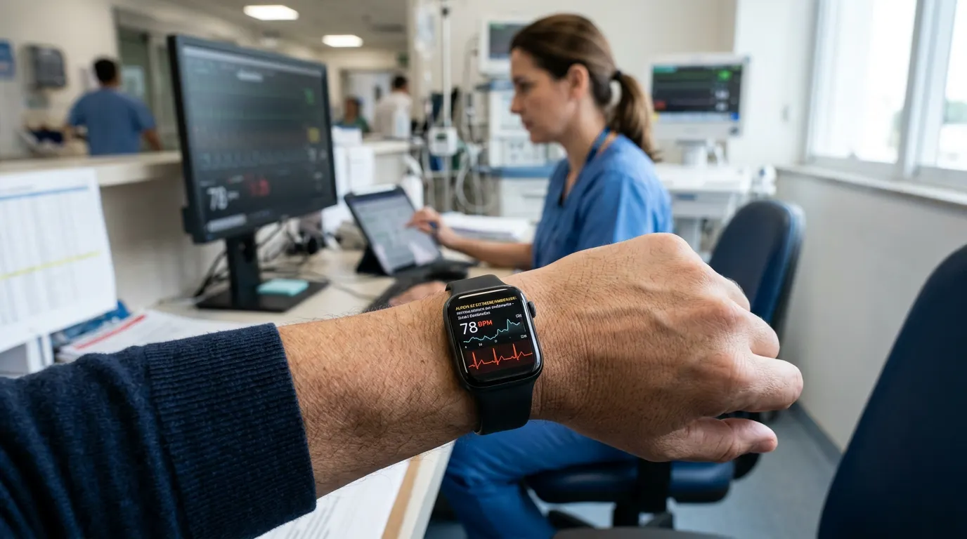 Ansiedade: smartwatch com IA no pulso exibindo dados de frequência cardíaca em tempo real, enquanto uma pessoa trabalha em um escritório, ao fundo com monitores e profissionais.